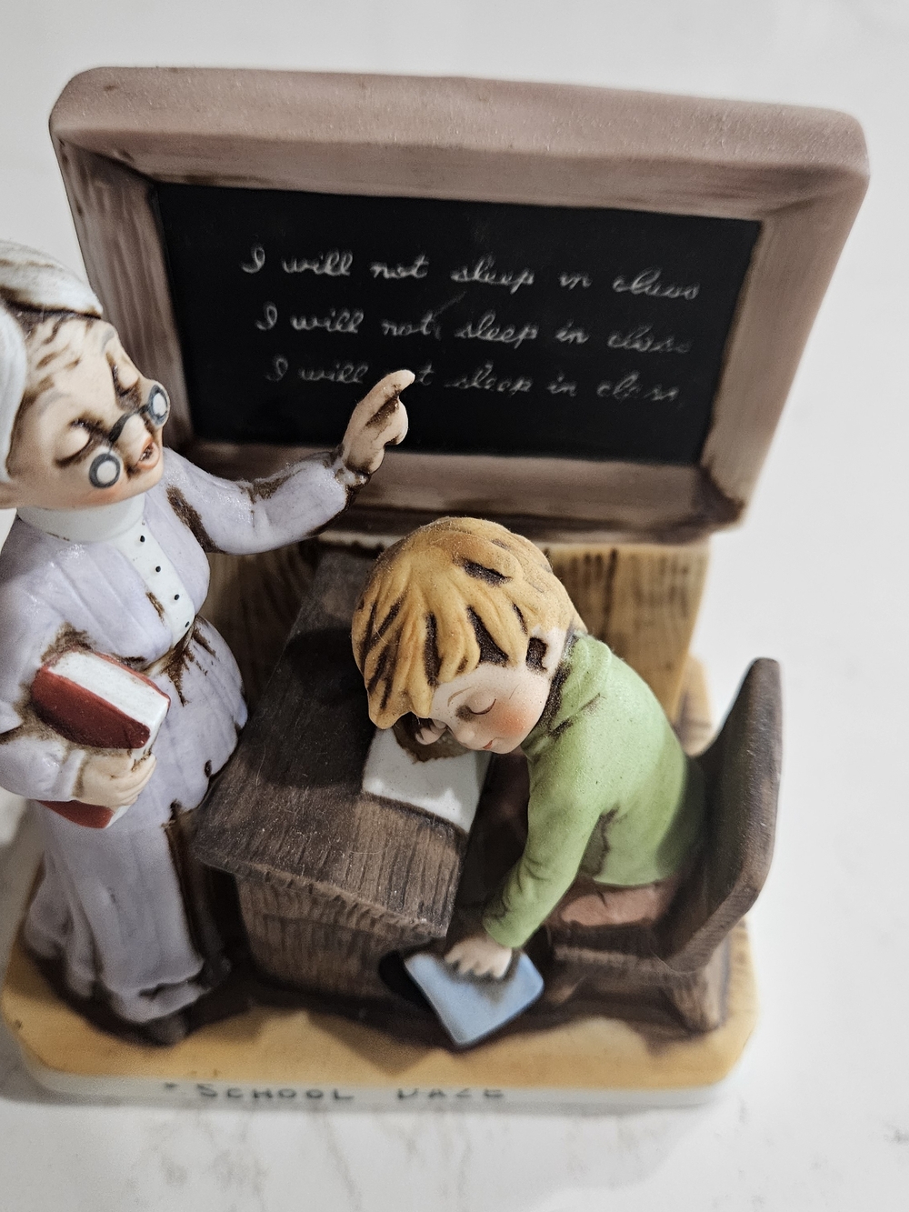 Vintage School Desk Figurine with Teacher and Sleeping Student - Green 5^ Tall
